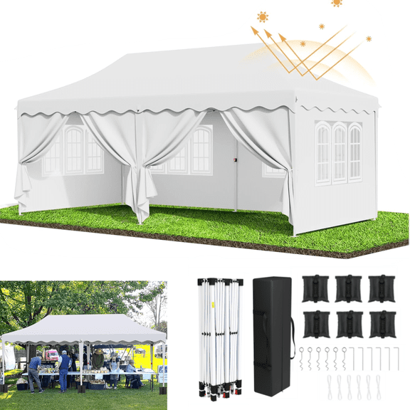 LAZY BUDDY 10' x 20' Ez Pop up Canopy Tent with 6 Sidewalls, Commercial Folding Instant Shelter, Heavy Duty Canopy Gazebo Tent for Outdoor