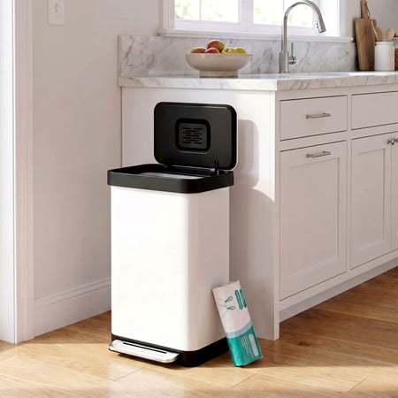 LAZY BUDDY 13.2 Gallon Stainless Steel Kitchen Trash Can with Soft-Close Lid & 15pcs Trash Bags, Rectangular