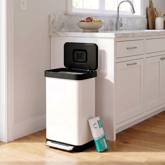 LAZY BUDDY 13.2 Gallon Stainless Steel Kitchen Trash Can with Soft-Close Lid & 15pcs Trash Bags, Rectangular
