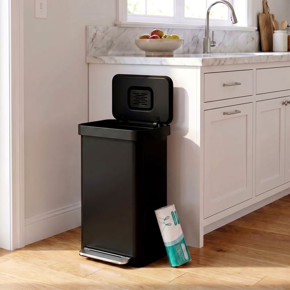 LAZY BUDDY 13.2 Gallon Stainless Steel Trash Can with 15 Trash Bags & Lid & Built-in Box for Odor Control, for Kitchen, Bathroom