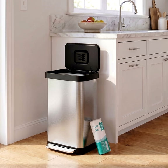 LAZY BUDDY 13.2 Gallon Step Trash Can with 15 Trash Bags, Stainless Steel