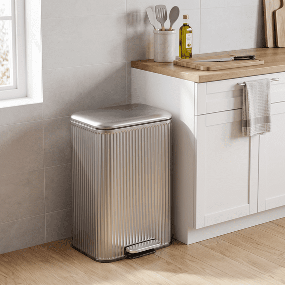 LAZY BUDDY 13.2 Gallon Trash can with Lid, Stainless Steel Garbage Bin with Inner Bucket & Rear Handle for Kitchen, Bathroom, Office