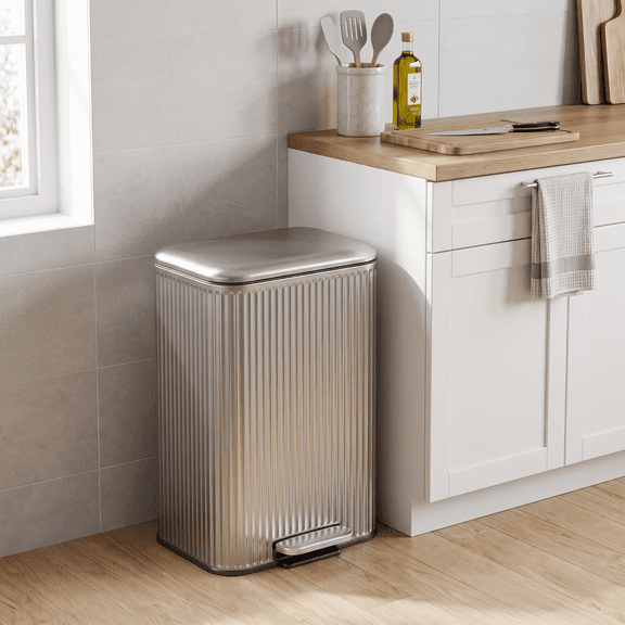 LAZY BUDDY 13.2 Gallon Trash can with Lid, Stainless Steel Garbage Bin with Inner Bucket & Rear Handle for Kitchen, Bathroom, Office