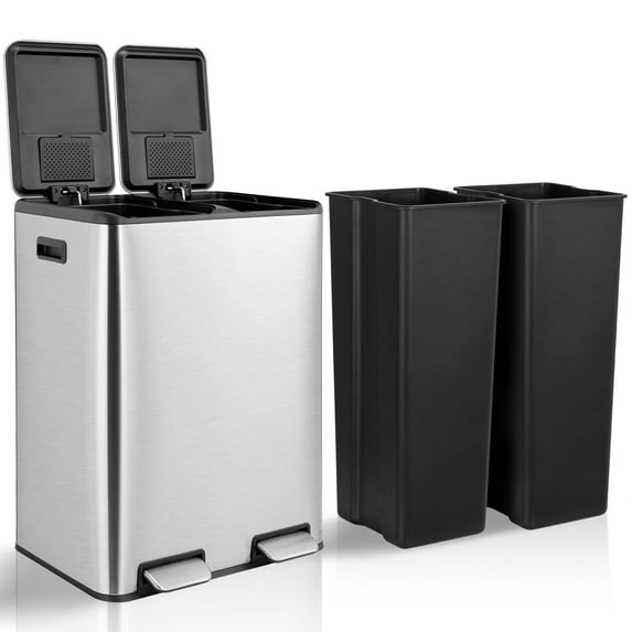 LAZY BUDDY 16 Gal Dual Kitchen Trash Can, Rectangular Stainless Steel Recycling Garbage Can with 2 Built-in Odor Control Box