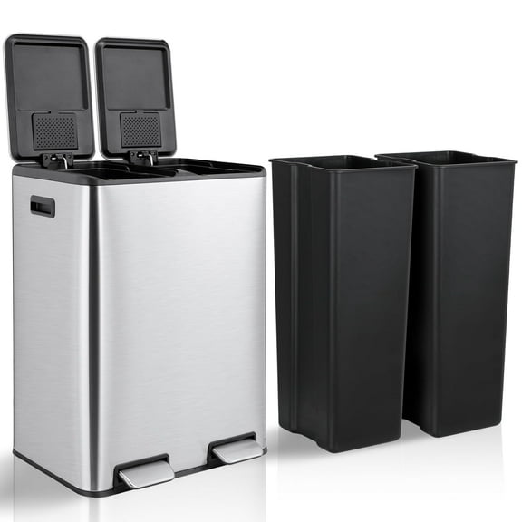 LAZY BUDDY 16 Gal Dual Kitchen Trash Can, Rectangular Stainless Steel Recycling Garbage Can with 2 Built-in Odor Control Box