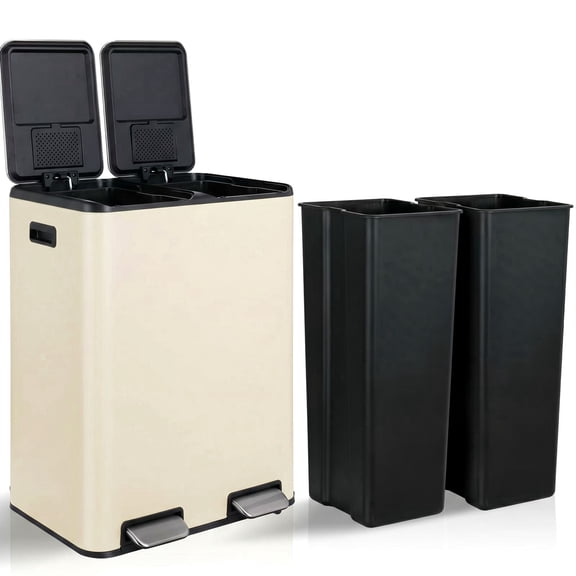 LAZY BUDDY 16 Gallon Dual Trash Can for Kitchen, Stainless Steel Garbage Can with Double Compartment & 2 Built-in Box for Odor Control, Soft-Close Lid, Side Handle