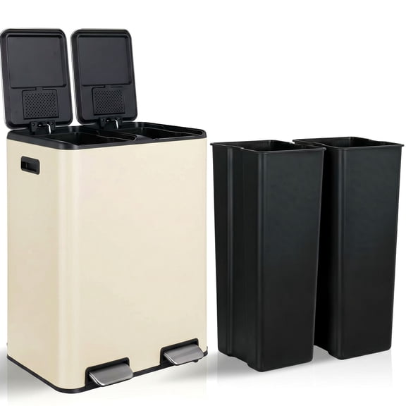 LAZY BUDDY 16 Gallon Dual Trash Can for Kitchen, Stainless Steel Garbage Can with Double Compartment & 2 Built-in Box for Odor Control, Soft-Close Lid, Side Handle