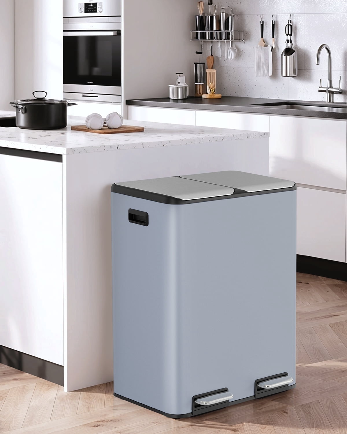 LAZY BUDDY 16 Gallon Kitchen Trash Can with Dual Compartments, Stainless Steel Recycling Step Trash Can with Soft-Close Lid, for Home Office