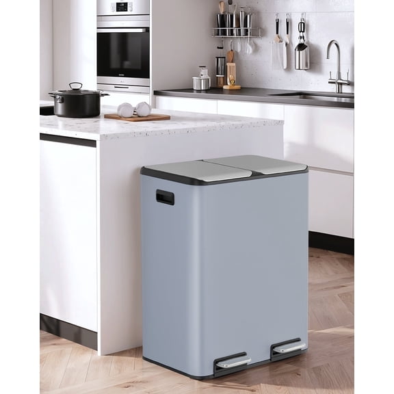 LAZY BUDDY 16 Gallon Kitchen Trash Can with Dual Compartments, Stainless Steel Recycling Step Trash Can with Soft-Close Lid, for Home Office