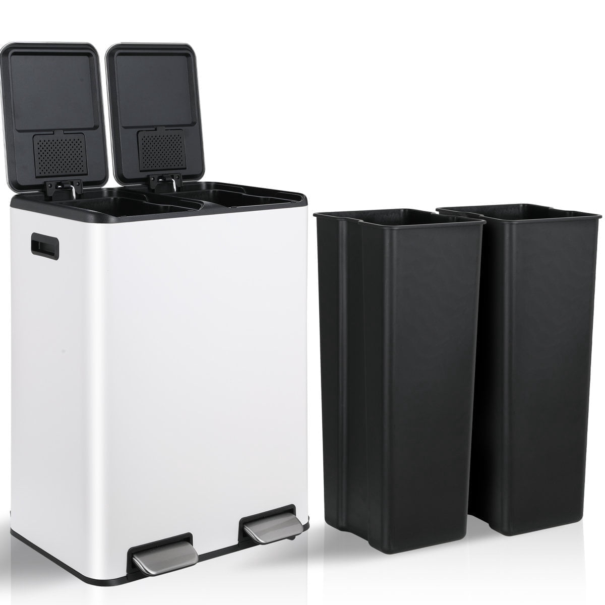 LAZY BUDDY 16 Gallon Stainless Steel Dual Compartment Kitchen Trash Can with Lids, Rectangular Recycling Garbage Can with 2 Built-in Box for Odor Control