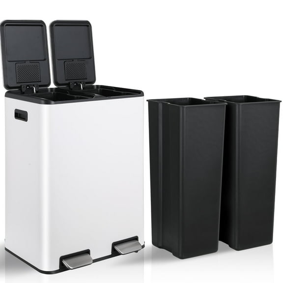 LAZY BUDDY 16 Gallon Stainless Steel Dual Compartment Kitchen Trash Can with Lids, Rectangular Recycling Garbage Can with 2 Built-in Box for Odor Control