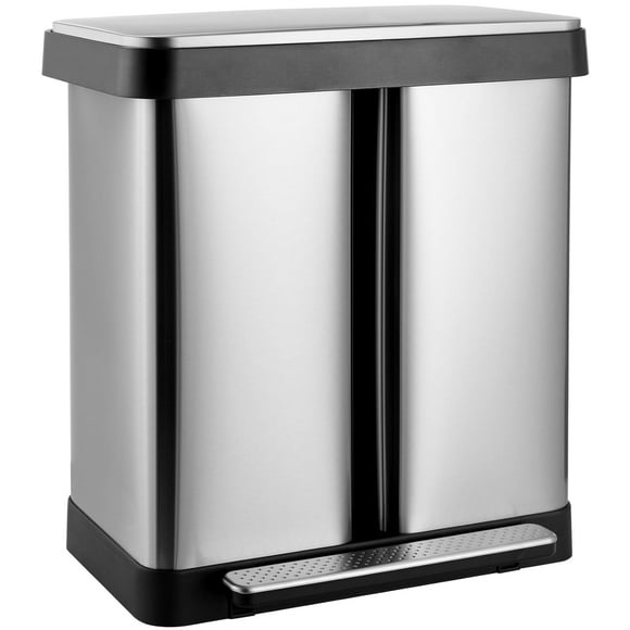 LAZY BUDDY 16 gal Stainless Steel Dual Trash Can, 2 Compartments Garbage Can & Recycling Bin for Kitchen, Home Office