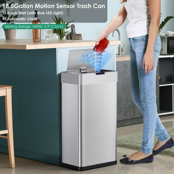LAZY BUDDY 18.5 Gal Automatic Trash Can Motion Sensor Kitchen Garbage Can, Stainless Steel Silver