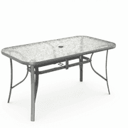 LAZY BUDDY 29.5'' x 55'' Rectangular Patio Table with Umbrella Hole, All Weather Tempered Glass Outdoor Dining Table, Metal Frame, for Yard, Deck, Lawn
