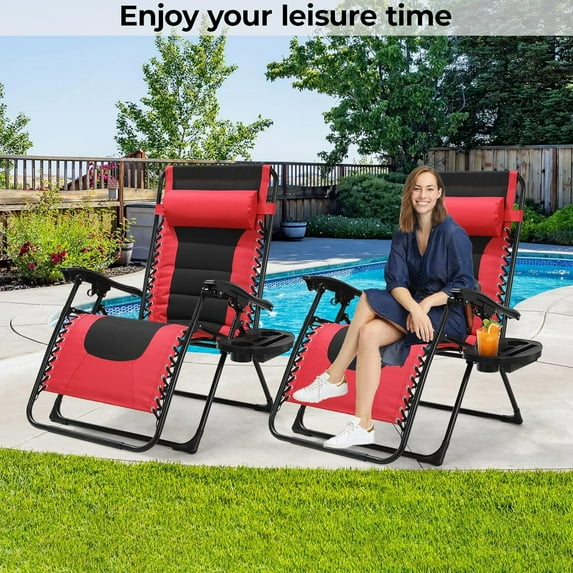 LAZY BUDDY 2pcs Padded Zero Gravity Chairs Set, Outdoor Folding Lounger Adjustable Patio Reclining Chairs Set with Tray