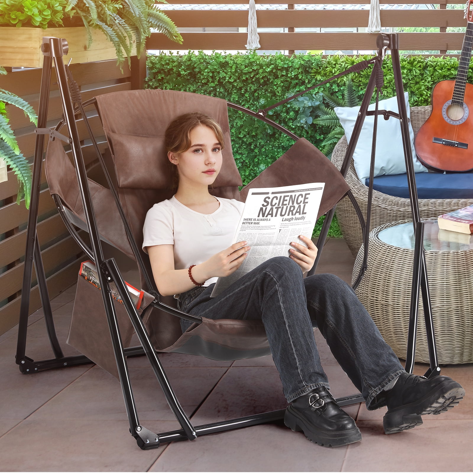 Lazy Buddy Foldable Hammock Stand with PU Leather Swing Chair 6 Level Adjustable Steel Hammock Stand 331 lbs Capacity Green Size 32.3 x 44.9 x