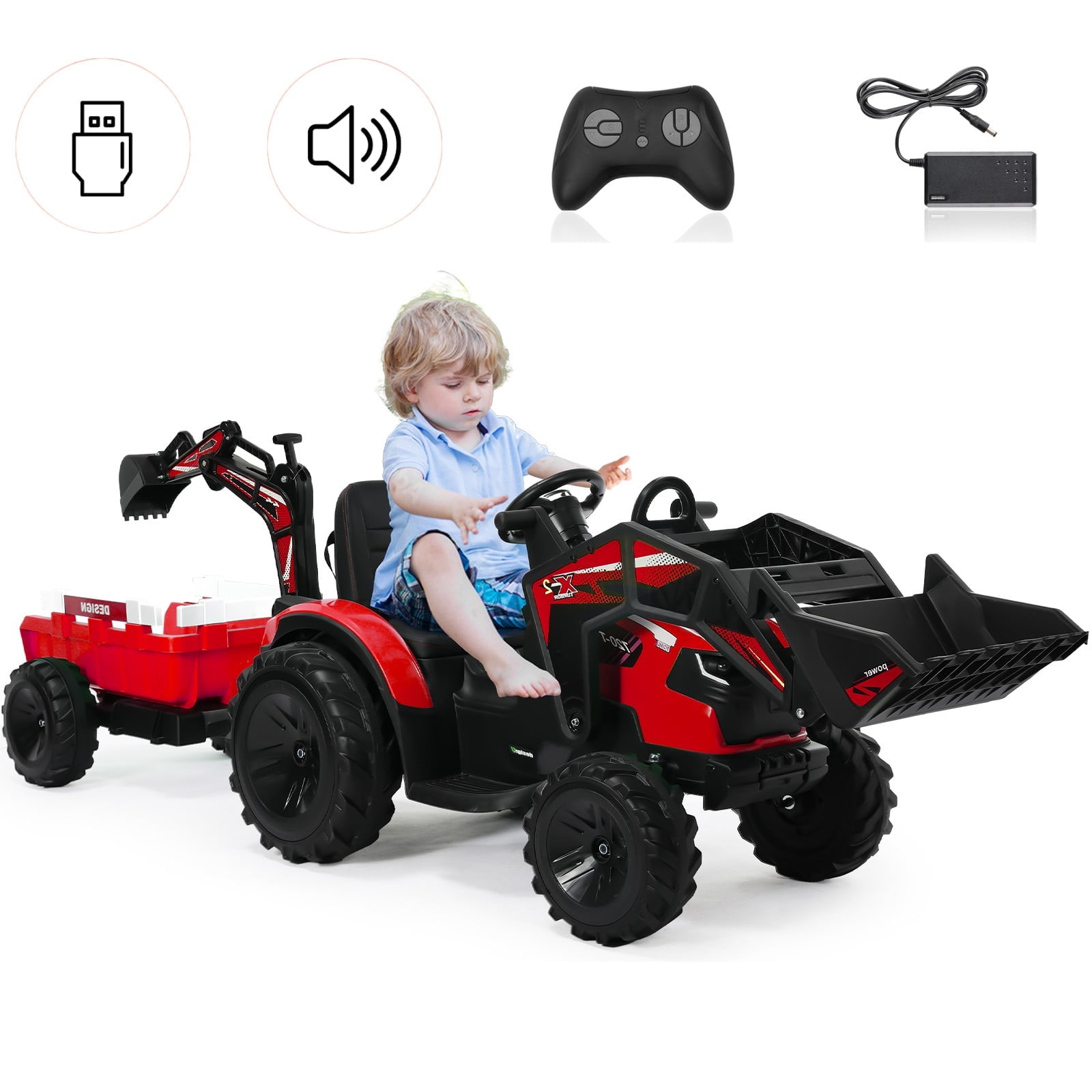 Red 24V 3-in-1 Ride-On Tractor Excavator Bulldozer