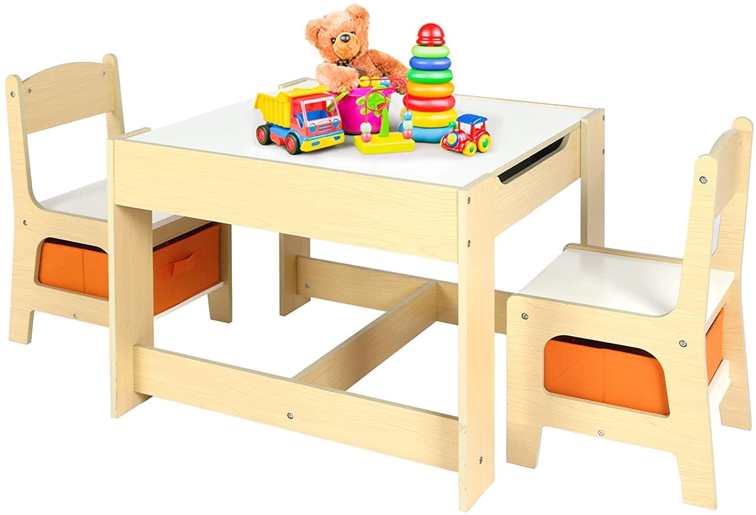LAZY BUDDY 3-Piece Kids Table and Chairs Set, Wood Children Activity Desk Indoor Toddler Play Table and 2 Chairs Set with Storage