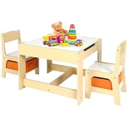 LAZY BUDDY 3-Piece Kids Table and Chairs Set, Wood Children Activity Desk Indoor Toddler Play Table and 2 Chairs Set with Storage