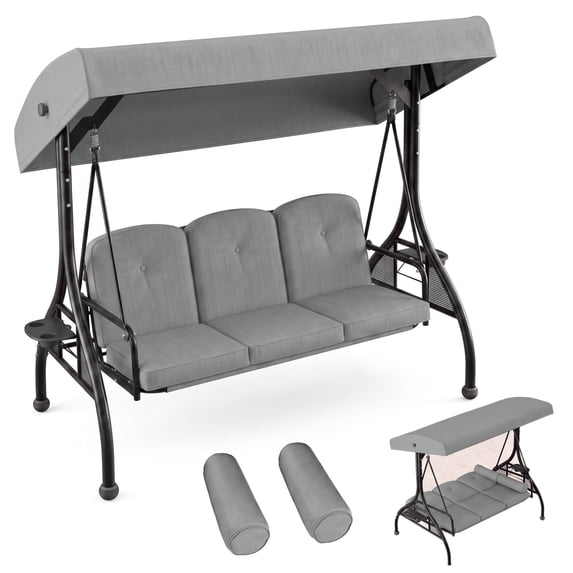 LAZY BUDDY 3-Seat Outdoor Porch Patio Swing with Stand, 2-in-1 Convertible Swing Bed with Adjustable Canopy, Cup Holder & 2 Pillows for Yard Garden Deck, 800lbs