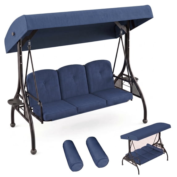 LAZY BUDDY 3-Seat Outdoor Porch Swing with Adjustable Canopy, Convertible Patio Swing Bed with Metal Stand, Patio Swing Chair with Thickened Cushions, Pillows & Cup Holders for Backyard, Garden