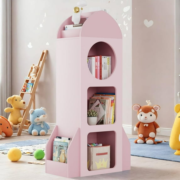 LAZY BUDDY 3-Tier Kids Bookshelf and Toy Storage, Wooden Open Toddler Bookcase with Side Shelves, Display Toy Organizer for Playroom, Nursery