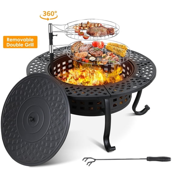 LAZY BUDDY 37'' Fire Pit with 2 Swivel Grills, Wood Burning Fire Pits for Outside with Lid & Poker, BBQ & Outdoor Firepit & Round Table 3 in 1 for Backyard Camping