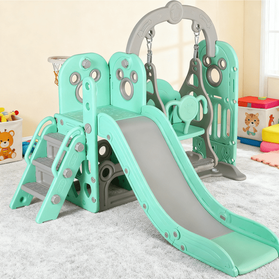 LAZY BUDDY Kids Slide and Swing Set, Toddler Swing Set with Basketball Hoop, Storage Space, Outdoor Indoor Playground for Toddlers 2+