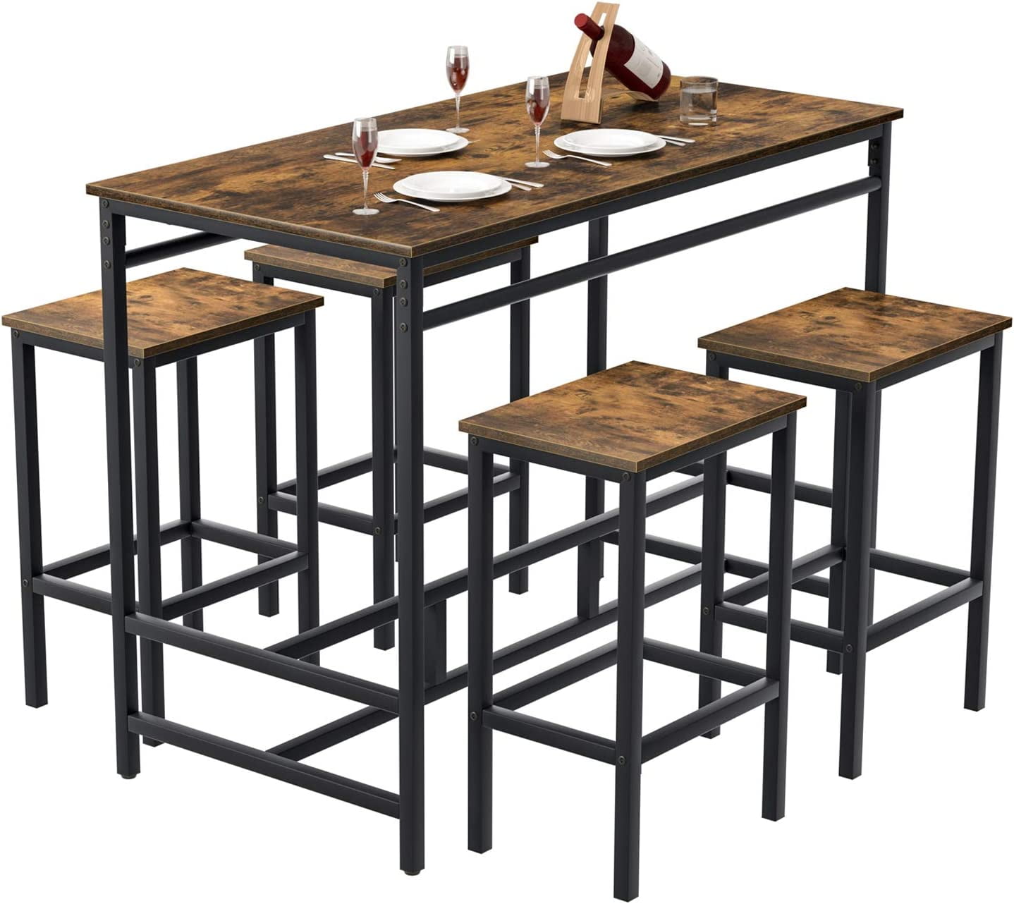 Rustic Brown Modern Pub Table Set with 4 Stools