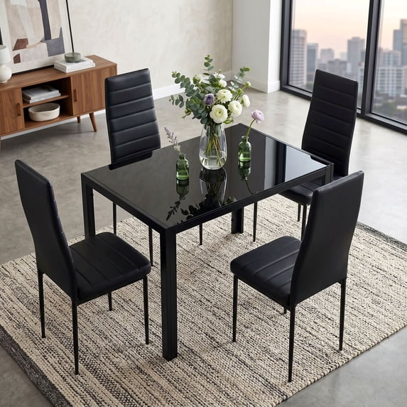 LAZY BUDDY 5-Piece Kitchen Dining Set, Rectangular Glass Table with 4 Upholstered Chairs for Dining Room Kitchen Apartment, Space-Saving