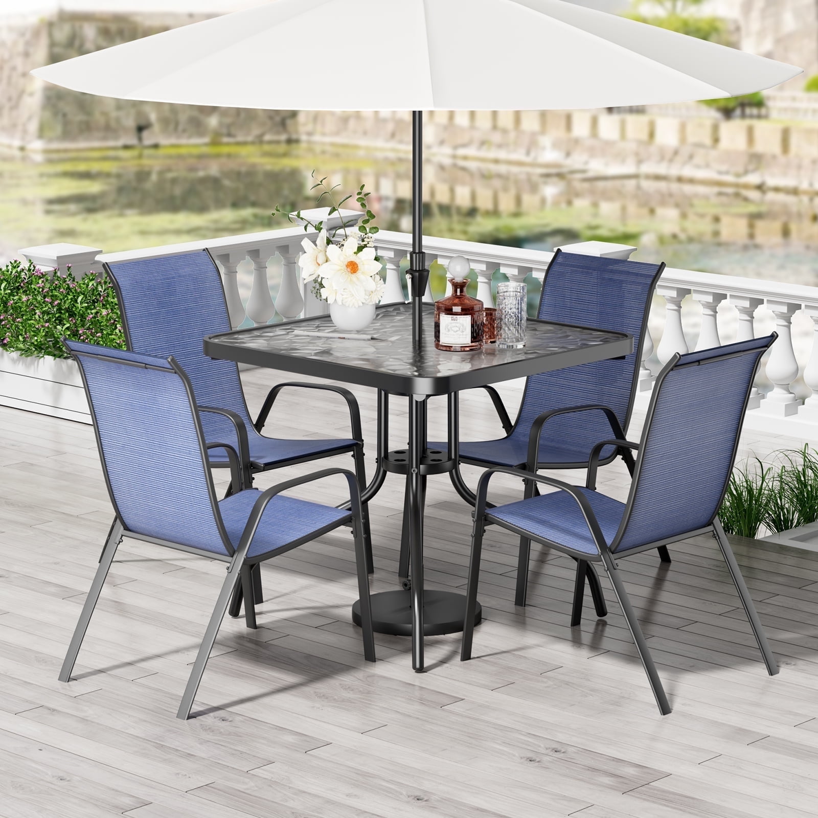 テーブル/チェア SUS PLATE SET 5pc Outdoor Dining Set with 7 Position Folding Sling Chairs