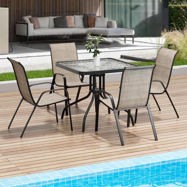 LAZY BUDDY 5-Piece Patio Dining Set, Outdoor Patio Table and 4 Stackable Textilene Chairs, Tempered Glass Top with Umbrella Hole, for Garden, Backyard, Deck