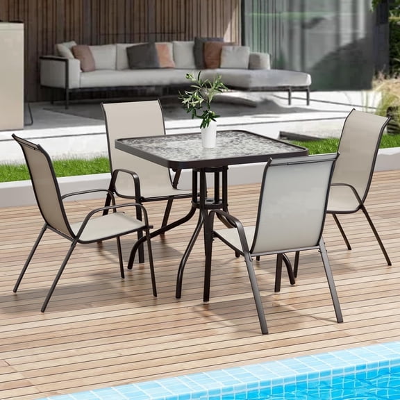 LAZY BUDDY 5-Piece Patio Dining Set for 4, Outdoor Patio Table and 4 Stackable Textilene Chairs, Tempered Glass Top with Umbrella Hole