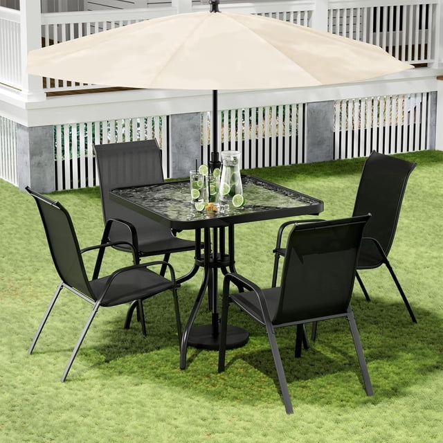 LAZY BUDDY 5 Pieces Patio Dining Set, Outdoor Patio Chairs with Square Table, Breathable Back, Glass Tabletop, Metal Frame