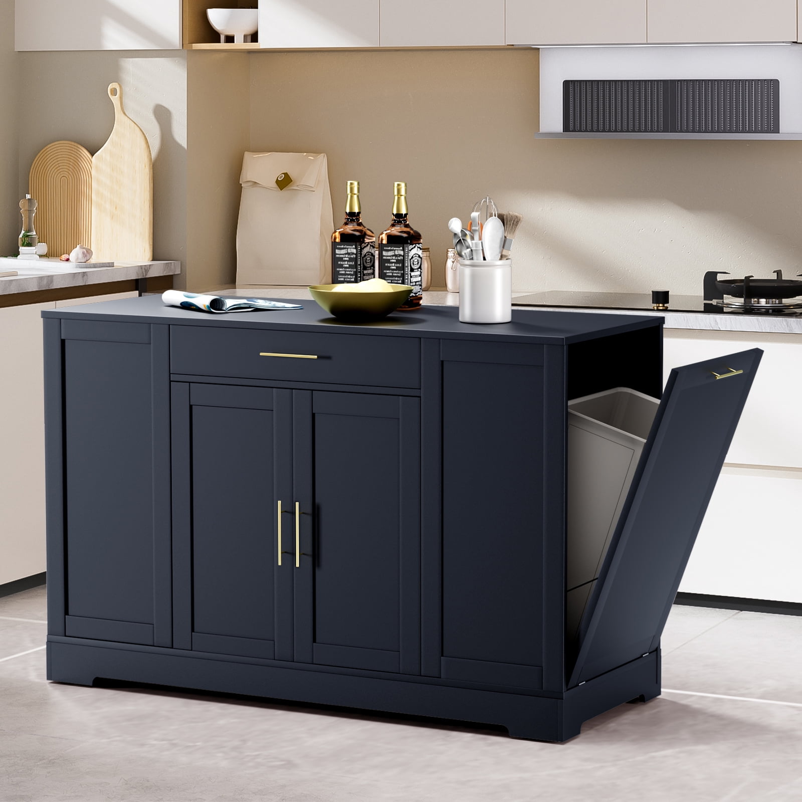 LAZY BUDDY 53" Large Kitchen Island w/ Trash Can Storage Cabinet, Wooden Stationary Storage Pantry for 13 Gallon Garbage Bin with Drawer, Adjustable Double Door Cabinet, 3 Layer Open Side Racks, Blue - Walmart.com