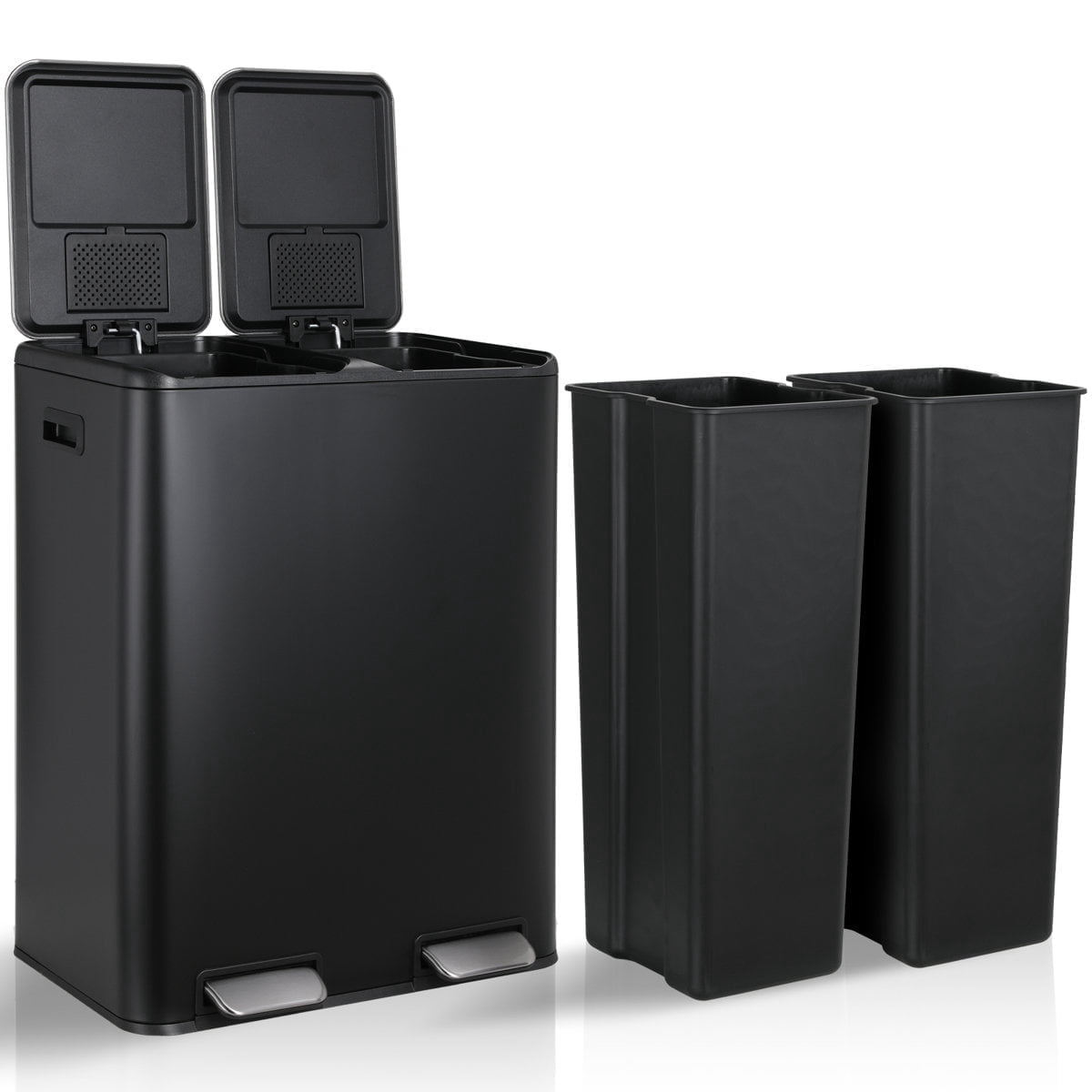 LAZY BUDDY 60 Liter / 16 Gallon Dual Trash Can, Rectangular Recycling Step Garbage Can for Kitchen, Stainless Steel