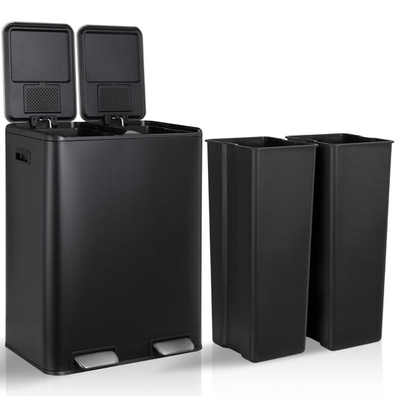 LAZY BUDDY 60 Liter / 16 Gallon Dual Trash Can, Rectangular Recycling Step Garbage Can for Kitchen, Stainless Steel