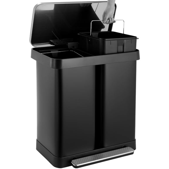 LAZY BUDDY 60 Liter / 16 Gallon Dual Trash Can, Stainless Steel Kitchen Garbage Can with Plastic Inner Buckets & Soft-Close Lids