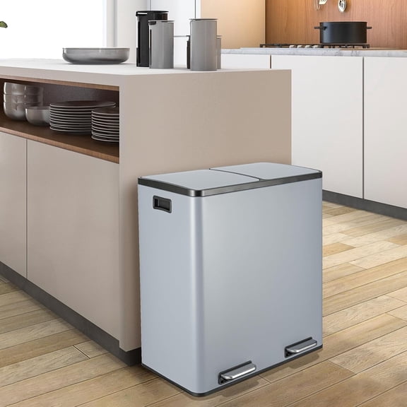 LAZY BUDDY 16 Gallon Kitchen Trash Can with Double Compartments, Stainless Steel Step Garbage Can with Lid & Inner Buckets for Recycling