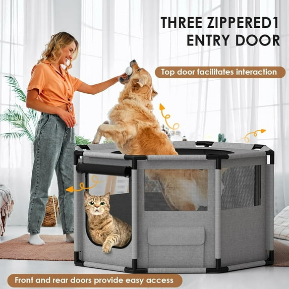 LAZY BUDDY 65" Pet Playpen Dog Fence Excericize Play Tent Kennel Crate Portable Mesh Dog Fence Octagon Travel Dog Crate