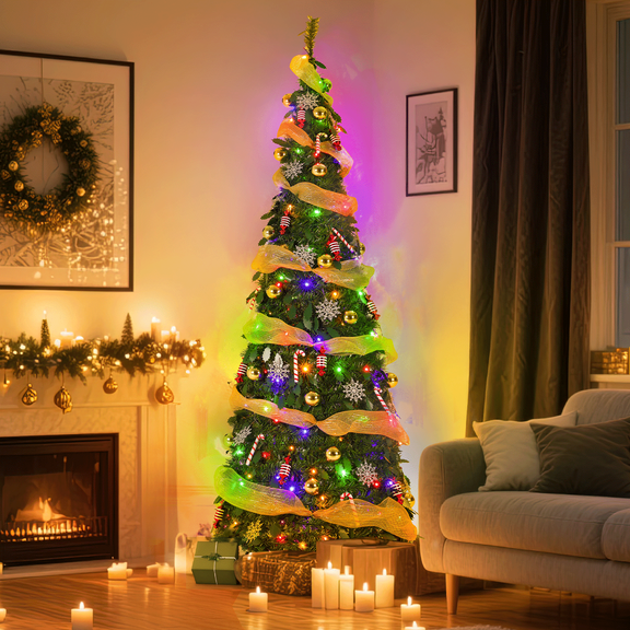 LAZY BUDDY 6ft Pop up Artificial Christmas Tree, Pre-lit Christmas Tree with Warm White & Colorful Lights, Pre-Decorated Xmas Tree with Balls, Snowflakes, Candy Canes for Holiday Party