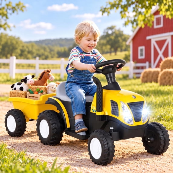 LAZY BUDDY 6V Kids Ride on Tractor with Detachable Trailer, Electric Vehicles with Headlights & Treaded Wheels