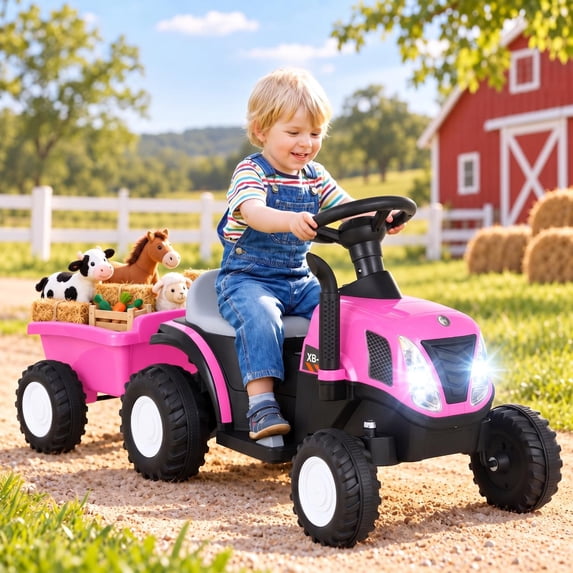 LAZY BUDDY 6V Kids Ride on Tractor with Trailer, Electric Ride-on Toy for Children 3+. 55lbs