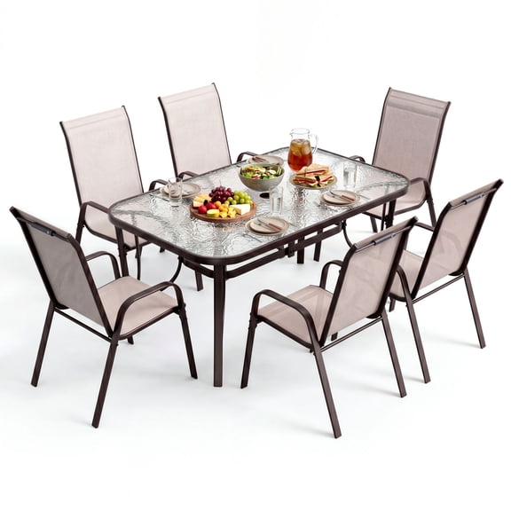 LAZY BUDDY 7-Piece Outdoor Dining Set with Umbrella Hole, Patio Table and Chairs Set for 6 Persons, Rectangular Glass Tabletop & Breathable Fabric, for Garden Yard Poolside