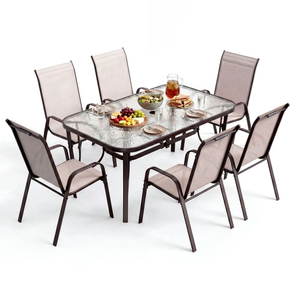LAZY BUDDY 7-Piece Outdoor Dining Set with Umbrella Hole, Patio Table and Chairs Set for 6 Persons, Rectangular Glass Tabletop & Breathable Fabric, for Garden Yard Poolside