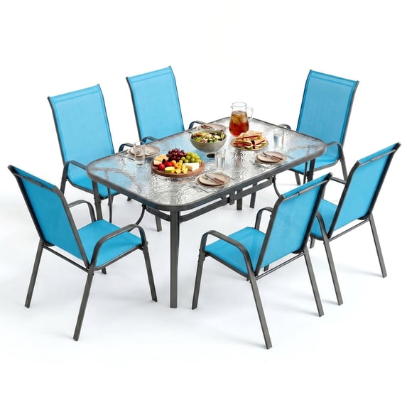 LAZY BUDDY 7-Piece Patio Dining Set, Oudoor Table and 6 Stackable Chairs Set with Umbrella Hole for Lawn, Backyard, Poolside
