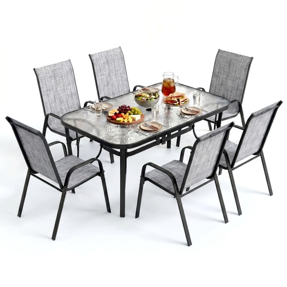 LAZY BUDDY 7-Piece Patio Table and Chairs Set, Outdoor Dining Set with Rectangular Table and 6 Stackable Chairs, All Weather Patio Furniture Set for Backyard, Poolside, Garden