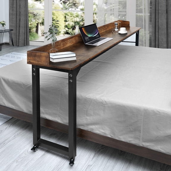 LAZY BUDDY 70.8'' Overbed Table for Queen/Full Size Bed, Mobile Dining Table Computer Desk with Wheels Brown Standing Workstation
