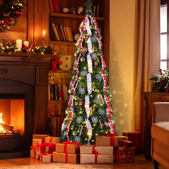 LAZY BUDDY 7ft Pop Up Christmas Tree, Pre-lit Collapsible Christmas Tree with 150 Warm White & Colorful Lights for Holiday Party Decorations