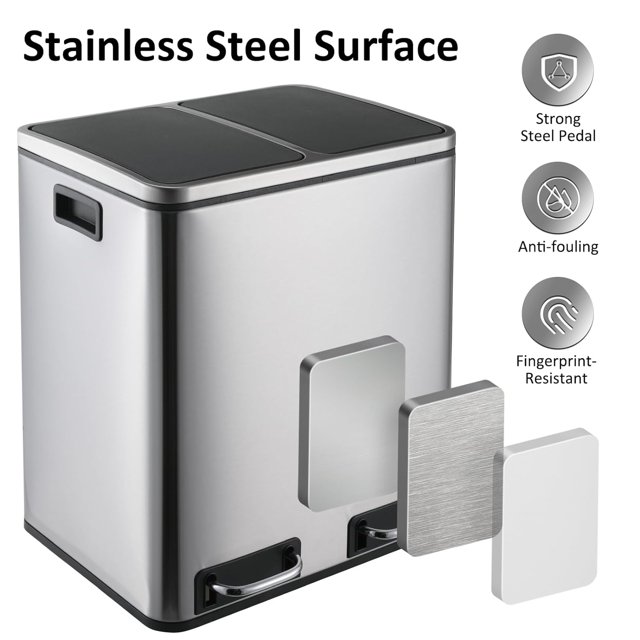 LAZY BUDDY 8 Gallon Stainless Steel Trash Can, Dual Compartment Step on